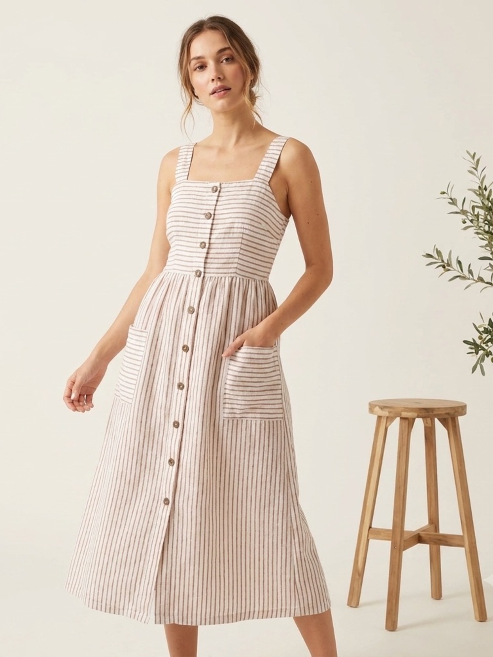 ARTISAN NY 100% Linen Striped Midi Sundress with Pockets, Size 4 - Red/White